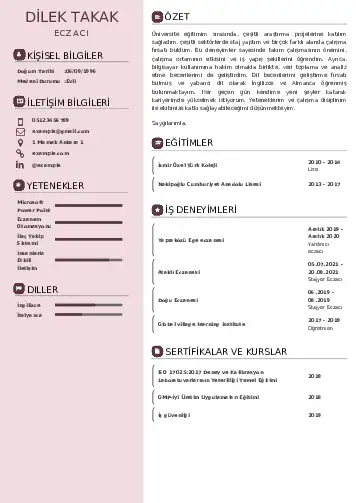 Eczacı CV Örnekleri cv indir